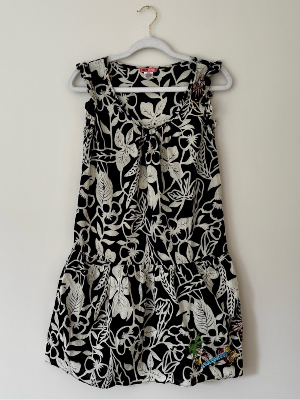 Max Rave Y2K Hollywood Embroidered Floral Cotton Dress, Black & White – Medium